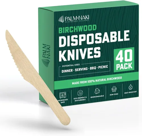 PALM NAKI Birchwood Cutlery - 40 unidades - Vajilla desechable, ecológica, cubiertos compostables y biodegradables (cuchillos, paquete de 40)