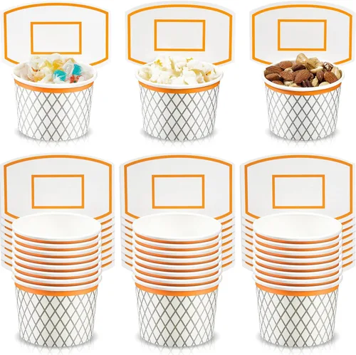 Miniatura 12 de Suclain 48 tazas de aro de baloncesto para aperitivos, decoraciones de fiesta de baloncesto, suministros de papel para aperitivos, cuencos de comida