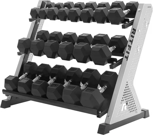 Miniatura 17 de RITFIT Juego de mancuernas hexagonales de goma con estante, núcleo de hierro fundido resistente de 180 a 780 libras, mango cromado moleteado