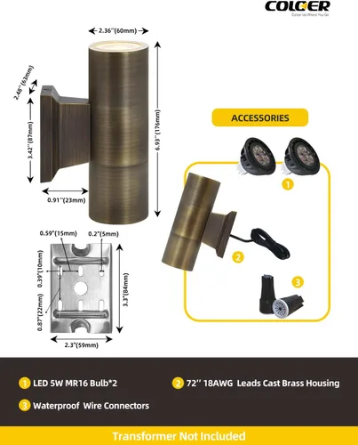 Miniatura 4 de COLOER Luces de pared cilíndricas de latón para exteriores (bronce de 6.875 pulgadas de alto x 4.25 pulgadas de ancho) con LED MR16 de 5 W, luz