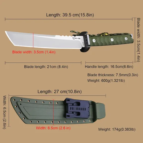 Miniatura 7 de BA-KOR Cuchillo para exteriores de estilo japonés de espiga completa de 15.8 pulgadas – acero DC53 de 0.31 pulgadas, mango y funda de fibra de Hoja