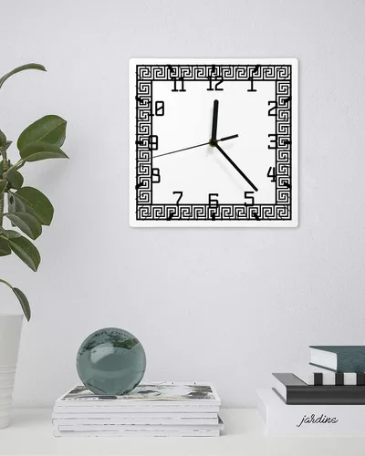 Miniatura 3 de Reloj de pared de madera geométrico negro, silencioso, sin tictac, diseño de llave griega, tradicional, retro, blanco, cuadrado, funciona