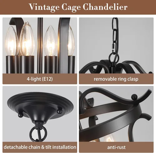 Miniatura 7 de Candelabro negro estilo jaula de granja E12 4 lámparas de techo lámparas vintage para comedor, cocina, entrada, pasillo, vestíbulo