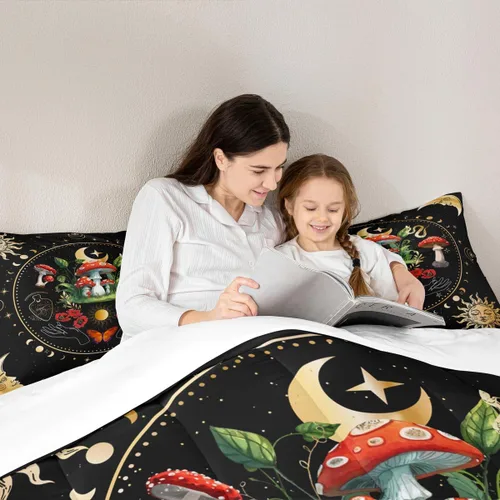 Miniatura 2 de Juego de edredón de champiñones para niños, tamaño individual, juego de ropa de cama romántica con sol, luna, cielo estrellado y galaxia, decoración