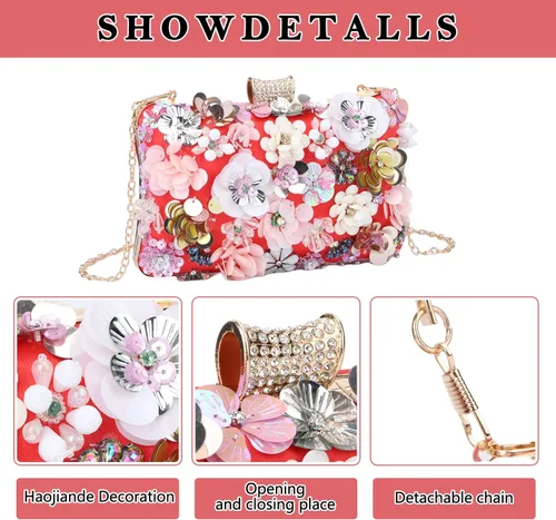 Miniatura 5 de Fecialy Bolsos de noche florales para mujer, bolsos de mano con diamantes de imitación coloridos, bolso floral para novia, boda, bolso de hombro
