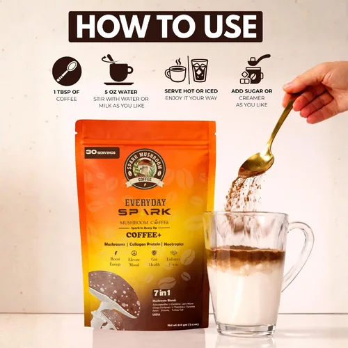 Miniatura 6 de Spark - Café instantáneo orgánico de hongos USDA – 30 porciones y 7.4 onzas – 7 hongos adaptogénicos – Café instantáneo para concentración