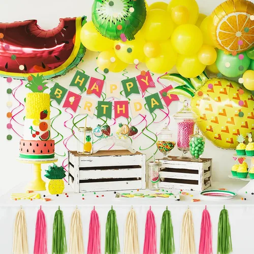 Miniatura 5 de Decoraciones de cumpleaños rosa y verde para mujeres y niñas, pompones de papel de seda, pancarta de feliz cumpleaños, borla de papel, guirnalda