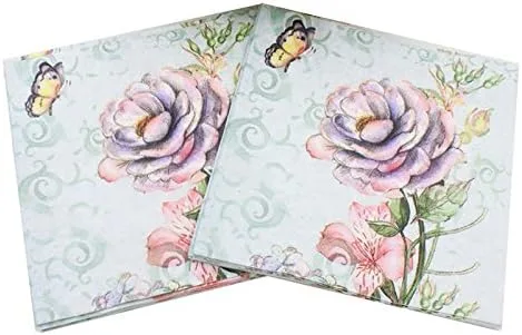WallyE Servilletas de papel de rosa y mariposa, tejido floral para fiesta de té, almuerzo, despedida de soltera, fiesta de té, boda o decoupage,