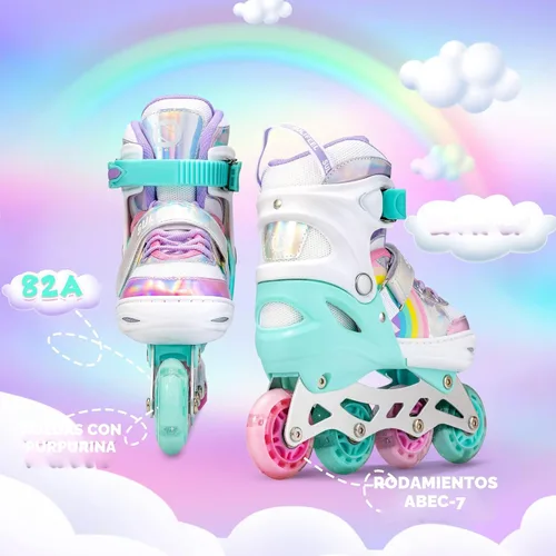 Miniatura 6 de SULIFEEL Patines en línea de unicornio arcoíris para niñas y niños, 4 tamaños, ajustables, con ruedas iluminadas, para niños principiantes Un arco