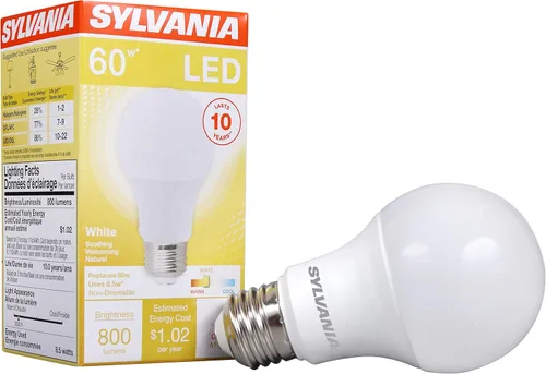 Miniatura 19 de Sylvania Bombilla LED, equivalente a 60 W A19, eficiente 8.5 W, base media, acabado esmerilado, 800 lúmenes, blanco suave, paquete de 4 (73888)