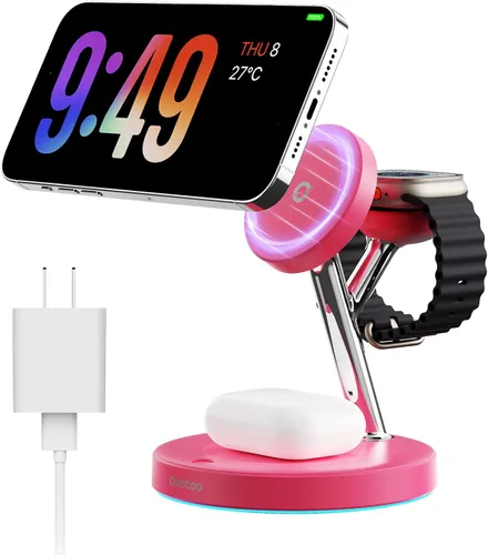 Miniatura 13 de Cargador inalámbrico 3 en 1 para iPhone, estación de carga magnética para la familia Apple con luz ambiental azul ajustable, soporte de cargador