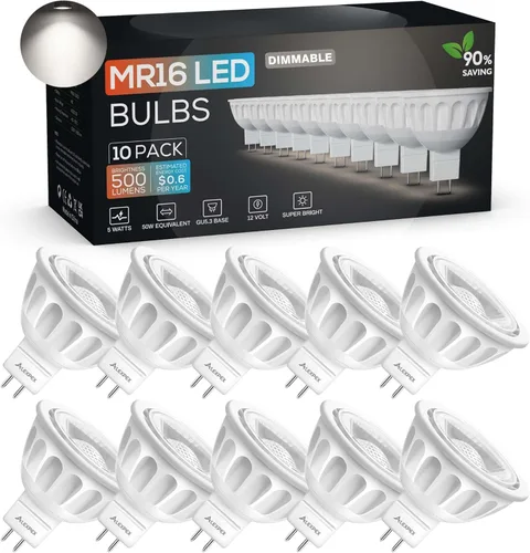 Paquete de 10 bombillas LED MR16 regulables, 5 W, 5000 K, luz diurna 500 lm (equivalente a 50 W) AC/DC 12V GU5.3 base bi-pin ángulo de haz de 40°