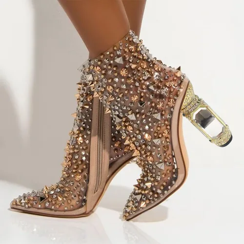 Miniatura 41 de FSJ Botas de tacón alto con punta puntiaguda para mujer, con tacón alto, con cremallera lateral brillante, estilo casual, para uso diario, zapatos