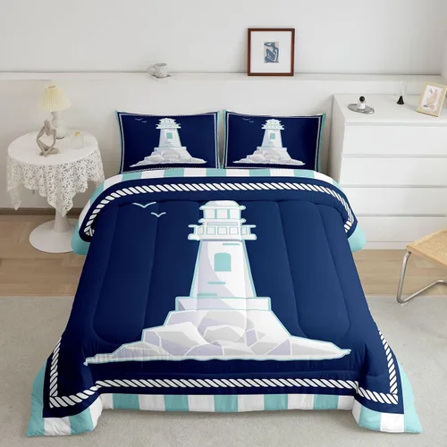 Miniatura 22 de Juego de edredón de brújula azul marino, tamaño individual, 2 piezas, diseño náutico de vela, estilo simple, para niños, adolescentes, adultos