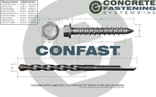 Miniatura 8 de CONFAST - Tornillos para hormigón de 1/4" x 2-1/4" de acero inoxidable 410 Phillips planos con cabeza cuadrada embotada con broca para hormigón
