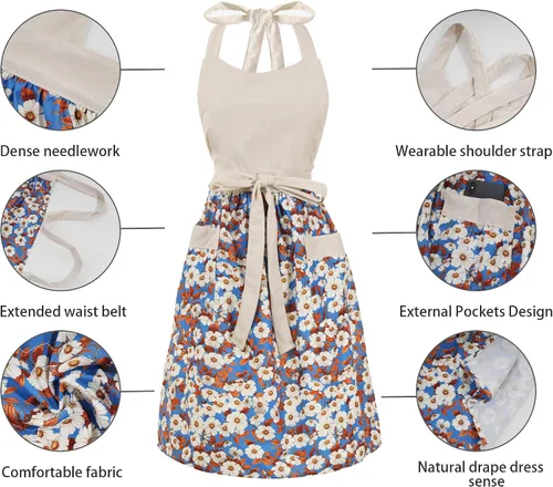Miniatura 5 de Bonitos delantales florales para mujer con bolsillos, delantal de algodón ajustable con correa para el cuello para cocina, cocina, hornear