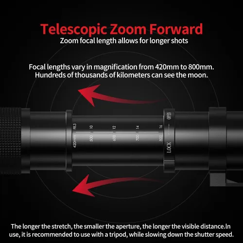Miniatura 7 de 420-800mm f/8.3 Lente teleobjetivo Zoom para cámara SLR para Canon T7i T6 T6i T6s T7 T8i T3i, T4i, T5, T5i, SL2, SL1 4000D 2000D 80D 90D 5D III 6D