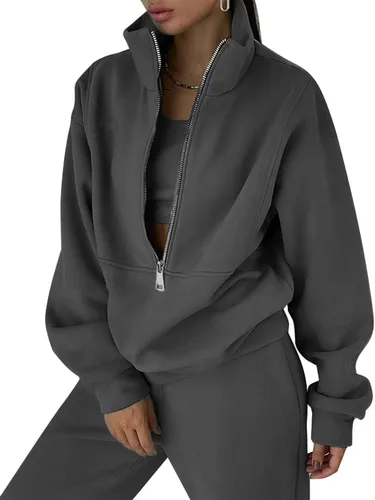 Miniatura 9 de PEHMEA Conjunto deportivo de 2 piezas de otoño para mujer, con forro polar, holgado, manga larga, media cremallera, cómodo conjunto de descanso
