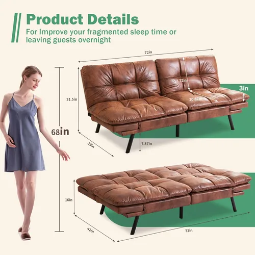 Miniatura 2 de Vyfipt Sofá cama futón, sofá pequeño de espuma viscoelástica con respaldo dividido para sala de estar, sofá biplaza moderno con reposabrazos