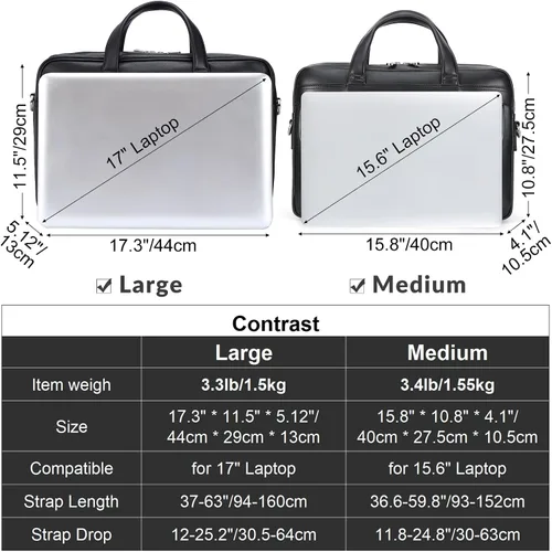 Miniatura 6 de Masa Kawa Maletín de Cuero para Hombre de 15.6", 17" para Computadora Portátil, Bolso de Negocios, Viaje, Trabajo, Mensajero, Bandolera, Bolso