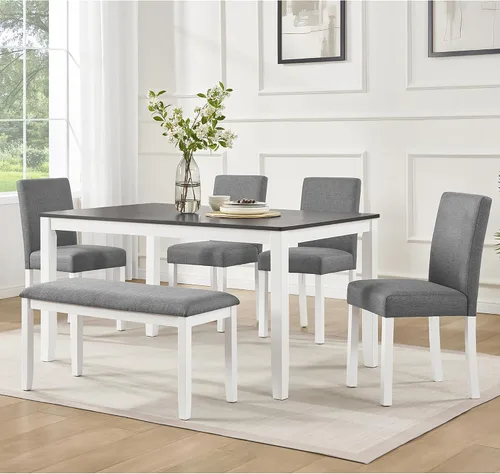 Miniatura 14 de LUMISOL - Juego de mesa de comedor de madera maciza con 4 sillas tapizadas y banco para cocina, comedor, sala de estar, gris plateado