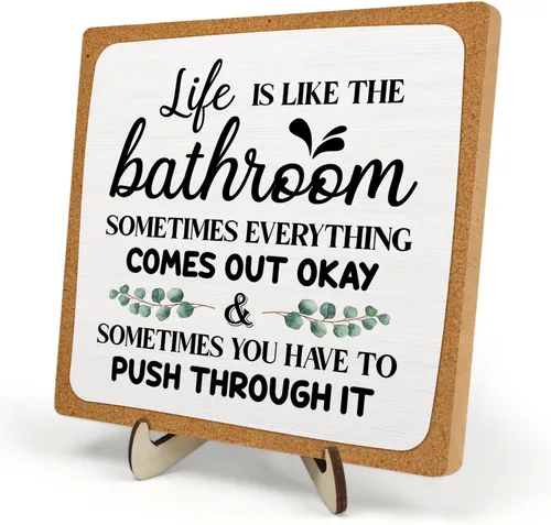 Placa decorativa de baño, divertida placa de escritorio de madera con la vida es como el baño, letrero rústico para estante de casa de campo para
