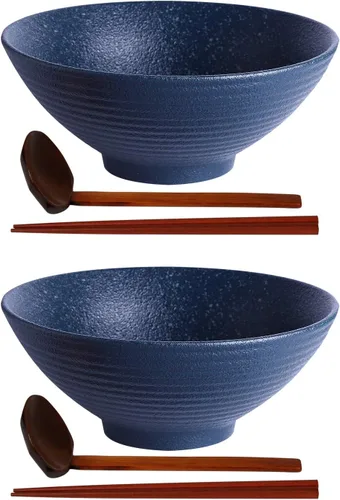 Miniatura 7 de Kanwone Juego de cuencos de cerámica japoneses para ramen, cuencos de sopa de fideos, 37 onzas, con cucharas y palillos a juego para fideos Negro