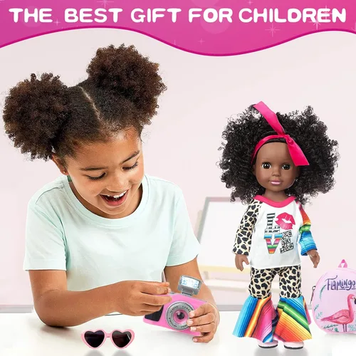 Miniatura 4 de XFEYUE Muñeca negra de 14.5 pulgadas y 2 juegos de accesorios de ropa, muñeca afroamericana para bebé, incluye gafas, cámara, bolsa y zapatos