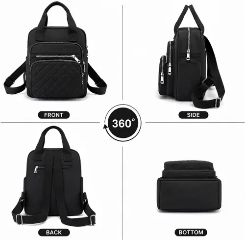 Miniatura 6 de Mochila pequeña para mujer, casual, acolchada, cuadrada, impermeable, con múltiples bolsillos, ligera, asa superior, Negro, Pequeño, Mochilas