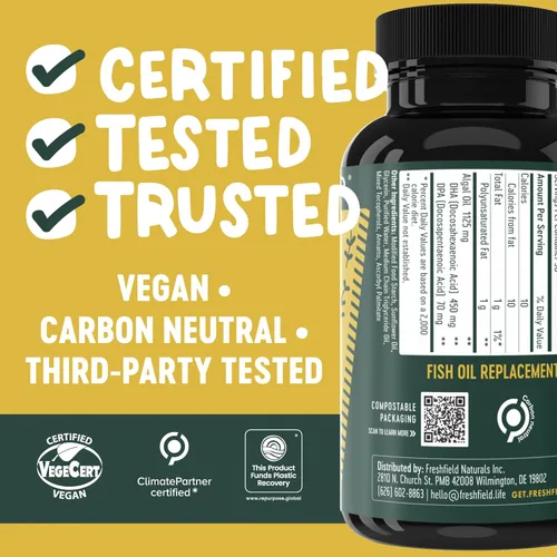 Miniatura 4 de Freshfield Omega 3 vegano, aceite de algas (algas), empresa libre de aceite de pescado, probado por terceros, sin carragenano, suplemento de DHA
