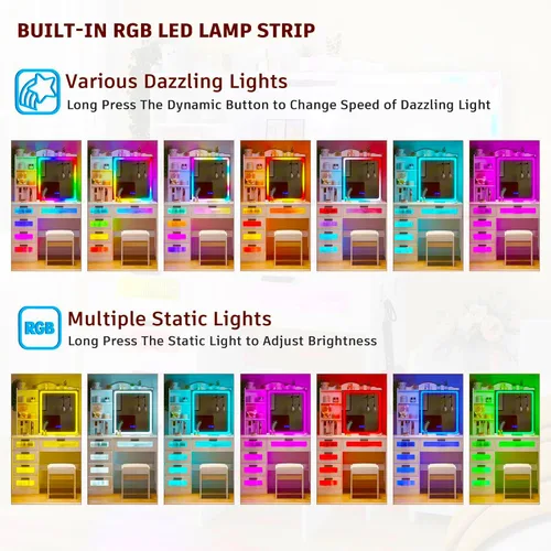 Miniatura 3 de Escritorio de tocador con espejo y luces, escritorio de maquillaje LED RGB con estación de carga, juego de tocador con taburetes y espejo táctil