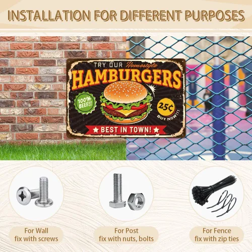 Miniatura 7 de WADORN Best in Town Hamburgers - Letrero de metal vintage, 7.9 x 11.8 pulgadas, diseño retro de hamburguesas, divertido letrero de metal de comida