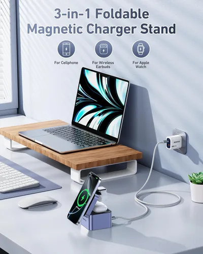 Miniatura 2 de BENFEI Soporte de cargador MagSafe plegable 3 en 1 con cargador rápido GaN de 33 W para iPhone 16/15/14/13/12, Apple Watch y AirPods Diseño