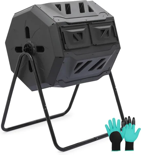 MoNiBloom Compostador Giratorio de 43 Galones, Exterior Sin BPA Gran Cámara Doble Contenedor de Compost Giratorio Todas las Estaciones Trabajo