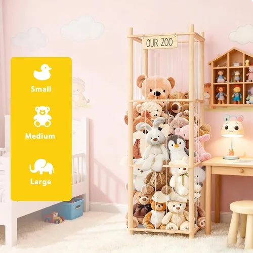 Miniatura 4 de Organizador de exhibición de animales de peluche con estante, diseño de jaula de zoológico de madera para almacenamiento grande de juguetes