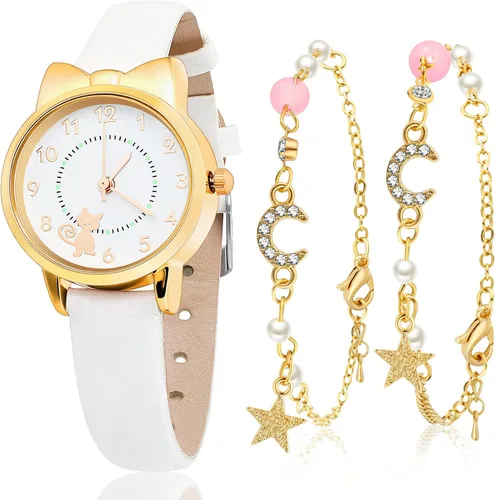 3 piezas de reloj para niños y pulsera de estrellas, relojes de cuarzo de dibujos animados, incluyendo bonitos relojes de cuarzo de cuero, 2 piezas