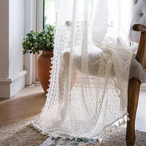 WAZZIO Cortinas de encaje color off white de 84 pulgadas de largo, juego de 2 paneles de cortinas de algodón vintage victoriano para filtrar la luz,