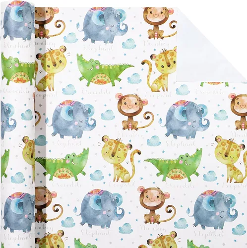 Miniatura 2 de WRAPAHOLIC Rollo de papel de regalo Kraft Animal - Mini Rollo - 17 pulgadas x 16.5 pies - Diseño de mono, elefante y dinosaurio lindos, perfecto