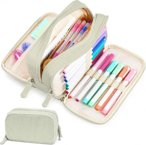 Miniatura 12 de Sooez Estuche de Lápices de Gran Capacidad con Funda para Bolígrafos, Bolsa de Lápiz de Corduroy Suave con 3 Compartimentos, Múltiples Bolsillos
