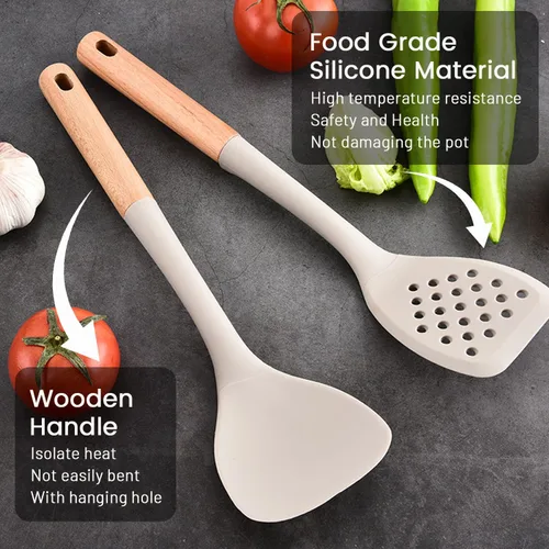 Miniatura 3 de Juego de utensilios de cocina de silicona, 8 piezas antiadherentes con soporte, utensilios de cocina caqui con asas de madera, juego de cocina