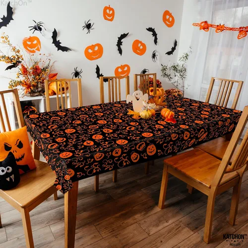 Miniatura 5 de KatchOn, Mantel de plástico de Halloween de calabaza, 54x90 pulgadas, paquete de 3, mantel de calabaza, mantel de Halloween negro y naranja, mantel
