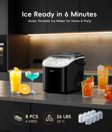 Miniatura 3 de ecozy Máquina de hielo portátil, 8 cubos en 6 minutos, 26 libras/día, máquina para hacer hielo con 2 tamaños de hielo, máquina de hielo