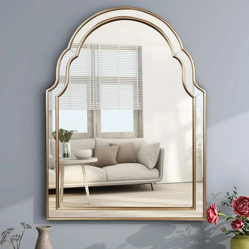 SHYFOY Espejo dorado para pared, 23.6 x 31.5 pulgadas, espejos decorativos arqueados Hogan para decoración de sala de estar, espejo grande vintage