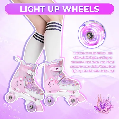 Miniatura 2 de MammyGol Patines de Ruedas para Niñas Niños, 4 Tamaños Ajustables Patines Cuádruples para Niños Pequeños Interiores Exteriores Edades 3-8, Rosa Azul