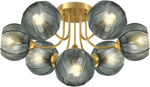 Lámpara de techo verde de 7 luces, lámpara de cristal acanalada, luces de montaje semiempotradas con pantalla de globo de vidrio, iluminación de
