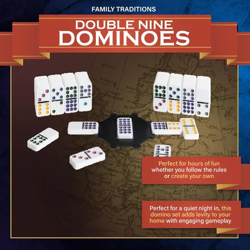 Miniatura 2 de Continuum Games Family Traditions - Juego de 9 dominó dobles – Juego de 55 piezas en lata de almacenamiento, dominó cristalino para niños y adultos