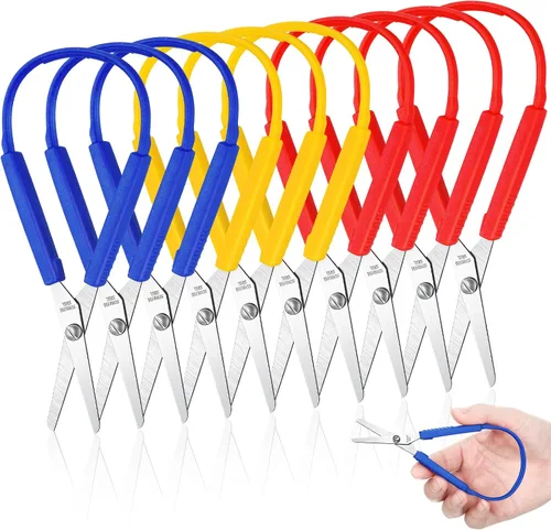 Miniatura 11 de Honoson Paquete de 10 tijeras de bucle para niños con agarre de 5.5 pulgadas, autoapertura, adaptativas, para necesidades especiales, mini tijeras