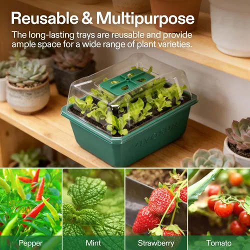 Miniatura 5 de VIVOSUN Paquete de 12 bandejas de inicio de semillas, kit de inicio de semillas de 144 celdas con cúpula de humedad, bandejas planas reutilizables