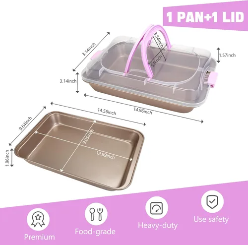Miniatura 6 de Molde rectangular para pasteles con tapa, bandeja para hornear de 9 x 13 pulgadas con tapa y asa, antiadherente para hornear y asar y cocinar