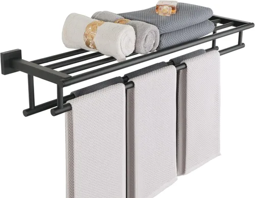 Miniatura 18 de Alise - Toallero para baño con montaje en pared, soporte de toallas de baño con doble barra para toallas y estante, 40.6 cm, SUS304 de acero Negro